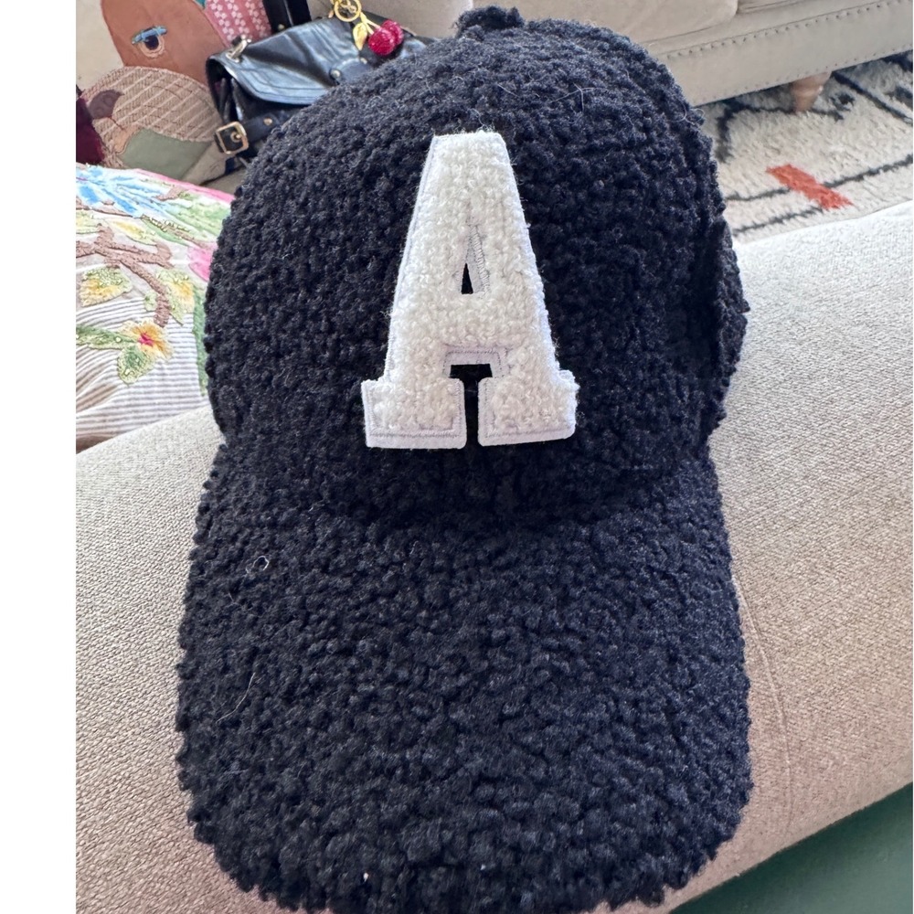 Black Sherpa Baseball Cap with White Letter A Initial One Size β X1